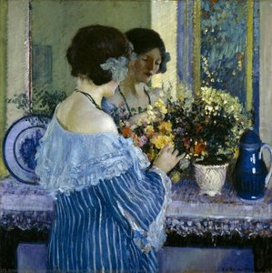 Girl In Blue Arranging Flowers — Frederick Carl Frieseke, Impressionism