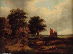 Cattle Watering In A Wooded Landscape, With A Wherry Near Norwich — James Stark