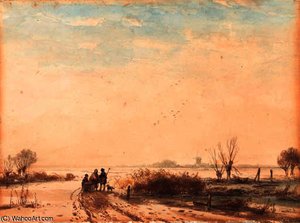 Travellers On A Frozen River In A Winter Landscape — Andreas Schelfhout, Romanticism