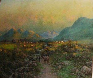 Western Pioneer Ranch Scene With Cattle And Log Cabins, (painting) — John Olson Hammerstad