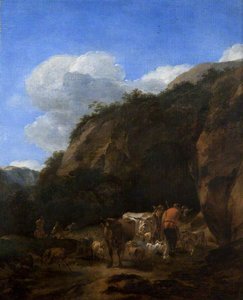 A Hilly Landscape With Herdsmen, Cattle And Sheep — Nicolaes Pietersz Berchem, Dutch Golden Age Landscape