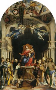 Altar Polyptych Of San Bartolomeo, Bergamo, Main Panel: Enthroned Madonna With Angels And Saints - Alexander Of Bergamo, Barbara, Roch, Dominic — Lorenzo Lotto, High Renaissance
