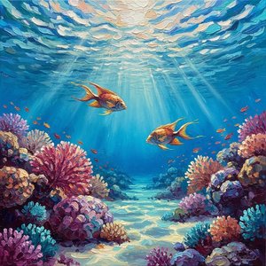 Ethereal Descent: A Singular Vision of Golden Radiance Amidst Cerulean Reefs