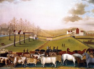 Vista de otoño dorado de la granja y ganado de James C. Cornell