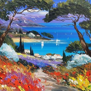 Radiant Mediterranean Vista Through a Verdant Arch of Wildflower Impasto Splendor