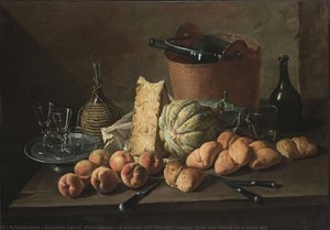 A Kitchen Still Life With Cheese, Fruit And Bread On A Table Top — Giacomo Ceruti (pitocchetto), Baroque