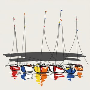Serene Rhythms Of Anchored Vessels In A Minimalist Primary Color Harbor — Yann Lambert