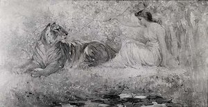 Maiden Sitting With A Lion In Tropical Setting, (painting) — Frederick Stuart Church