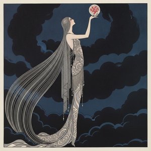 Karmesinroter Orb Beleuchtet Eine Mitternachtssilhouette Im Profil — Valentin Laurent De Courcey, Art Déco
