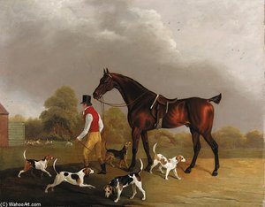 A Huntsman Leading A Bay Hunter, With Hounds Outside Kennels — Edwin Cooper