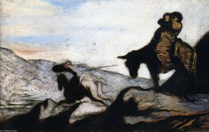Don Quichotte Et Sancho Pança Dans Les Montagnes Huile Sur Panneau Gift Quichotte And Sancho Pança In The Mountains Oils On Panel — Honoré Daumier