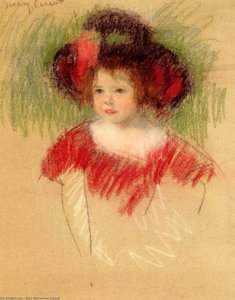 Margot In Big Bonnett And Red Dress — Mary Stevenson Cassatt