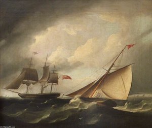 A Merchantman Running Before The Wind With A Frigate Hove To — Thomas Luny