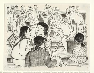Inspection Of Evacuees For Contraband, Tanforan Assembly Center, San Bruno, California, 1942 — Miné Okubo