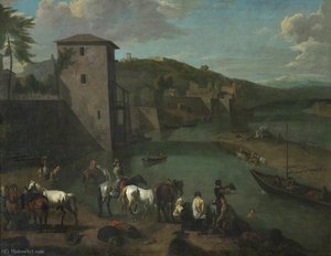 A Riverside Town With High Embankment Walls, Figures Bathing And Traders With Their Horses On The Mudflats — Pieter Van Bloemen