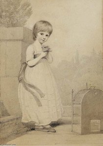 Portrait Of Miss Morice The Younger, In A Dress And A Sash Holding A Bird — Henry Edridge