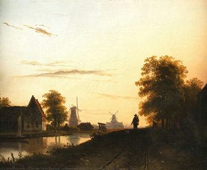 Dutch River Landscape In Evening Light — Charles Henri Joseph Leickert, Romantic Landscape Painting
