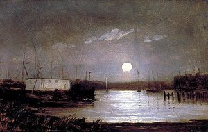 Untitled (moon Over A Harbor, Wharf Scene With Full Moon And Masts Of Boats), (painting) — Edward Mitchell Bannister