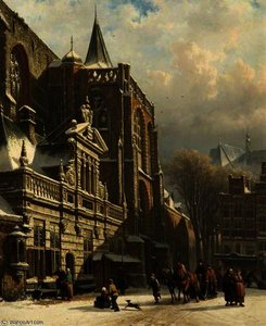 View Of The Hoofdwacht And The Grote Kerk, Zwolle, The Netherlands — Cornelis Springer, Romanticism