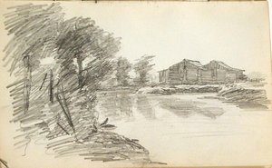 Trees And Houses By Stream — John Ottis Adams