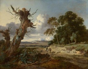 A Landscape With Two Dead Trees, And Two Sportsmen With Dogs On A Sandy Road — Jan Jansz Wijnants