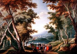 Wooded Landscape With Fruit Sellers And Other Figures — Theobald Michau