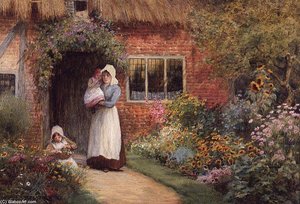 Mother And Children Outside A Cottage — Arthur Claude Strachan