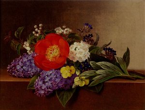 Lilacs, Violets, Pansies, Hawthorn Cuttings, And Peonies On A Marble Ledge