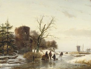 On The Ice Near A Ruin — Andreas Schelfhout