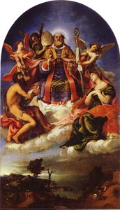 St. Nicholas In Glory With St. John The Baptist, St. Lucy And Below St. George Slaying The Dragon — Lorenzo Lotto