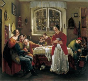 The Return Of The Volunteer From The Wars Of Liberation To His Family Still Living In Accordance With Old Customs (die Heimkehr Des Freiwilligen Aus Den Befreiungskriegen Zu Den Nach Alter Sitte Lebenden Seinen) — Moritz Daniel Oppenheim