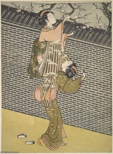 Plucking A Branch From A Neighbor's Plum Tree — Suzuki Harunobu