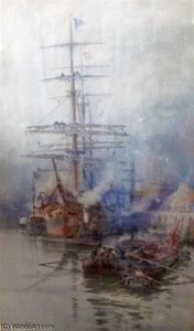 Three Masted Ship Being Tugged Out Of Port
