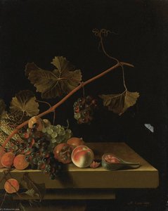 English Still Life With A Melon, Grapevine, Medlars, Apricots, A Peach And A Fig — After Adriaen Coorte