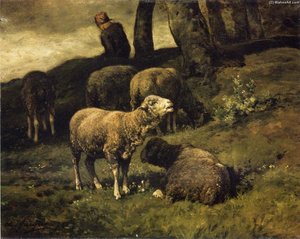 Grazing Sheep With A Sheperdhess Beyond — Charles-émile Jacque