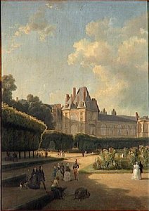 Vue du Pavillon de la Porte Dorée et de la Galerie d'Henri II prise du parterre au château de Fontainebleau