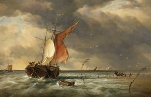 A Dutch Galliot Aground On A Sandbank On The Biesbosch, The Netherlands — Edward William Cooke