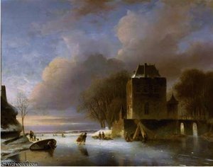Skaters On A Frozen River With A Koek En Zopie By A Mansion — Nicolaas Johannes Roosenboom, Dutch Golden Age