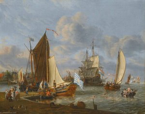 A Dutch Harbour With A Bezan Yacht And A Galjoot Moored At A Quay, A Boeier Yacht Under Sail And A Man O'war Anchored Beyond, With Figures Bathing From A Rowing Boat — Abraham Storck (sturckenburch)
