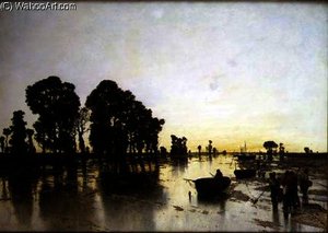 An Extensive Flooded Landscape With Peasants — Karl Heffner