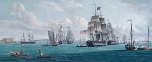 The U. S. Ship Franklin, With A View Of The Bay Of New York — Thomas Thompson
