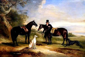 A Groom With Two Ponies And Two Greyhounds In A Landscape — Sr John E Ferneley