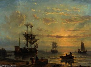 Shipping in a quiet bay at sunset