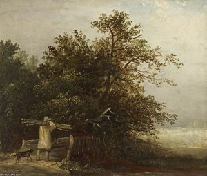 A Man Crossing A Bridge Carrying A Bundle Of Sticks