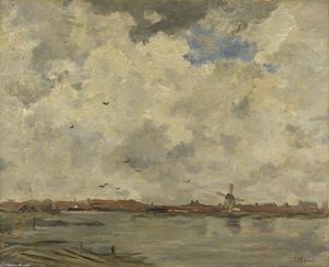 A Windmill And Houses Beside Water — Jacob Henricus Maris