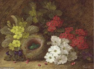 Still Life Of Primroses, Primulas, Pansies, A Bird's Nest And Eggs On A Mossy Bank — Vincent Clare