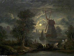 Moonlight Landscape — Abraham Pether, Romanticism