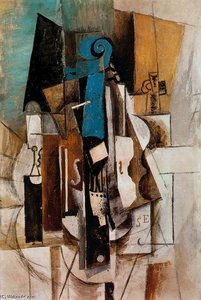 Violín En El Café (violín, Copa, Botella) — Pablo Picasso, Cubist Composition