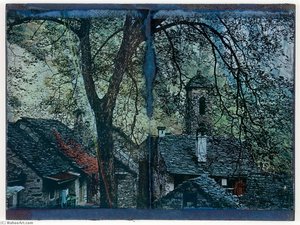 Untitled (Slate roofed Stone Cottages and Church Tower)