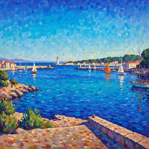 Azure Serenity: A Pointillist Study Of The Mediterranean Harbor — Claire Dupuis, Neo-impressionism
